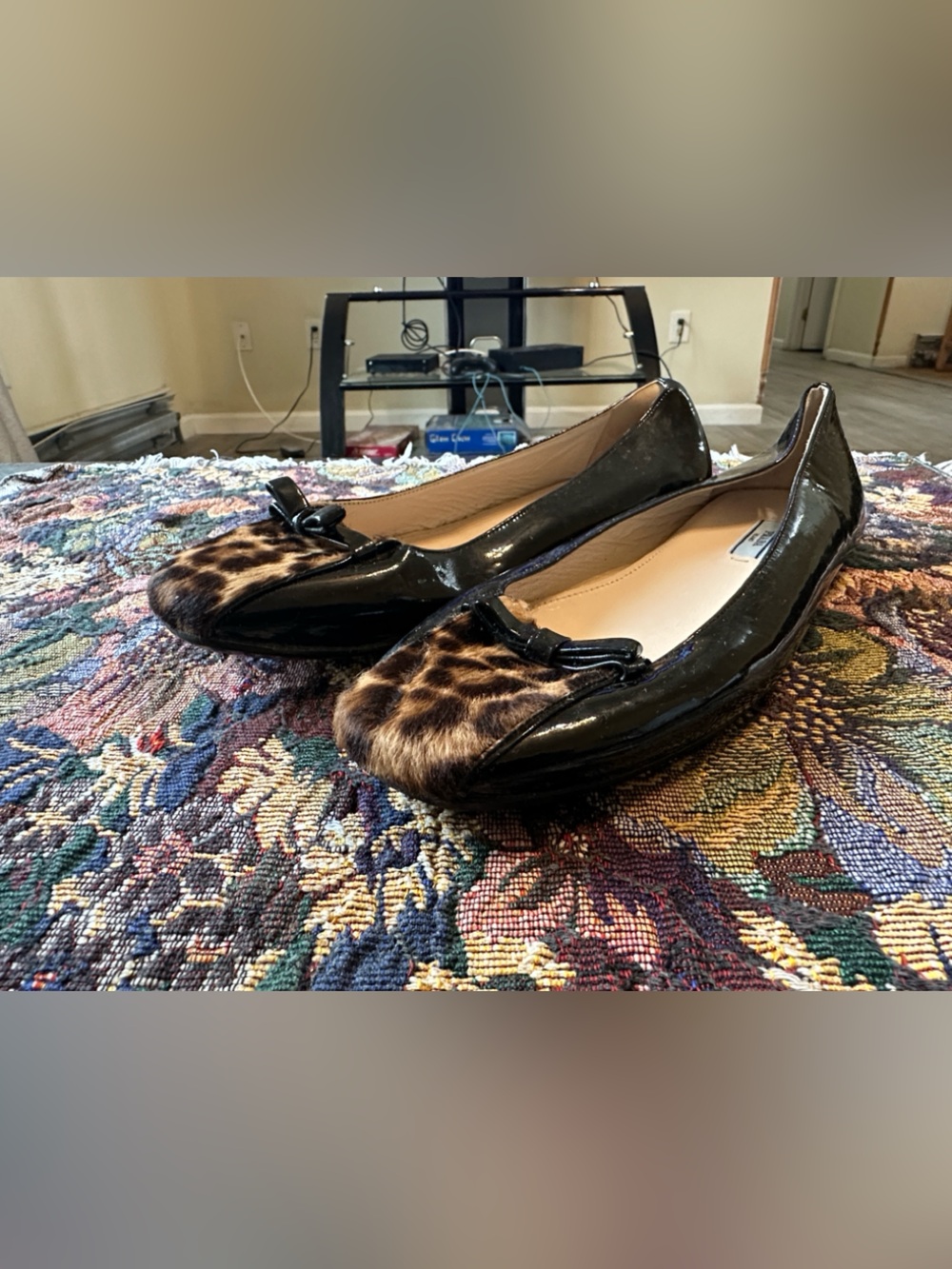 Prada Black Patent Leather Leopard-Print Toe Women’s Ballet Flats Size 38.5